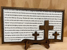 Load image into Gallery viewer, Wooden Hymnal Song 3 wooden crosses display w/ stand
