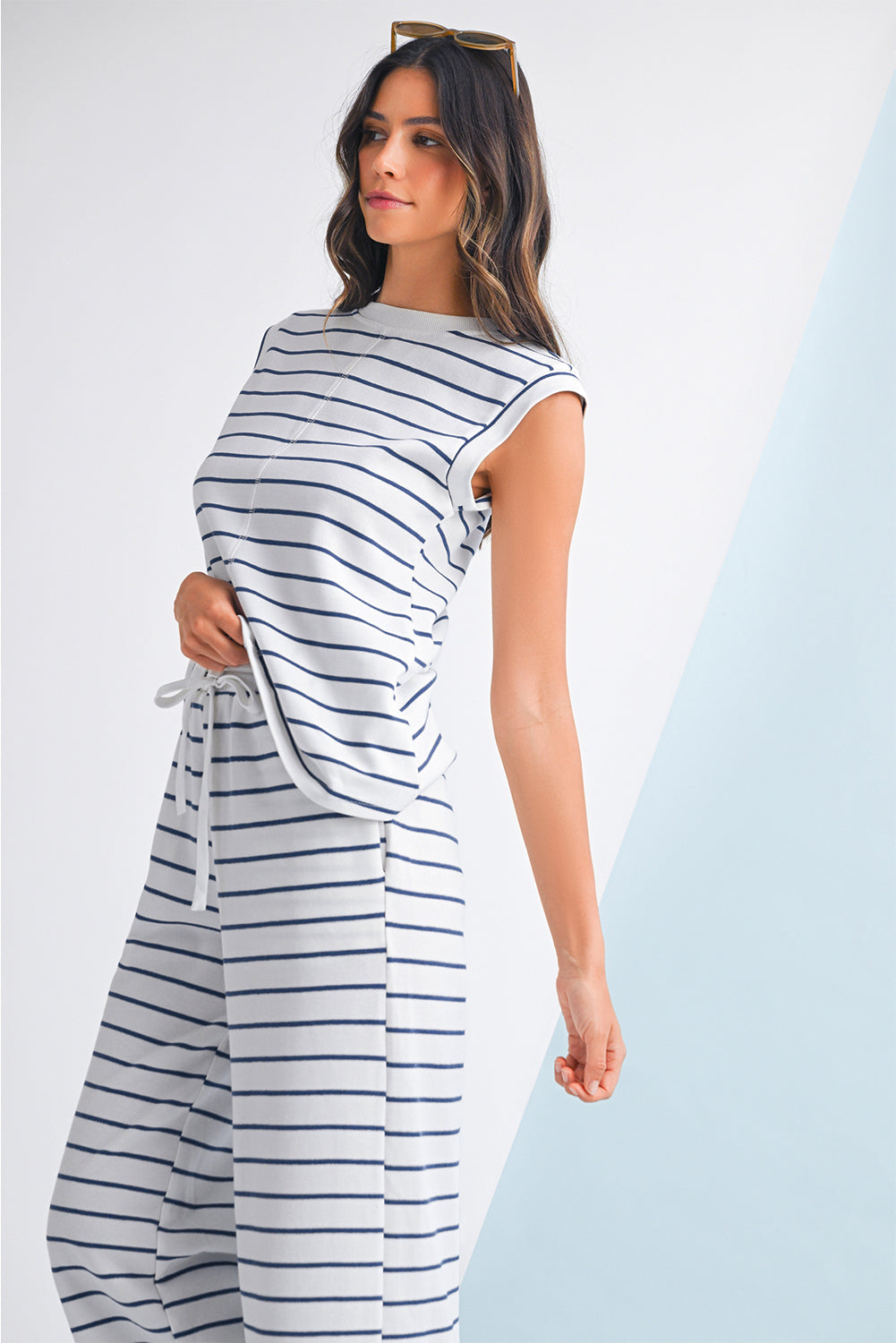 Rose Stripe Casual  Tee and Wide Leg Pants Set