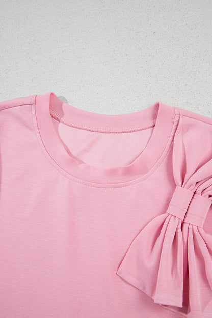 Pink Bow Applique Solid Color Sweet T-shirt