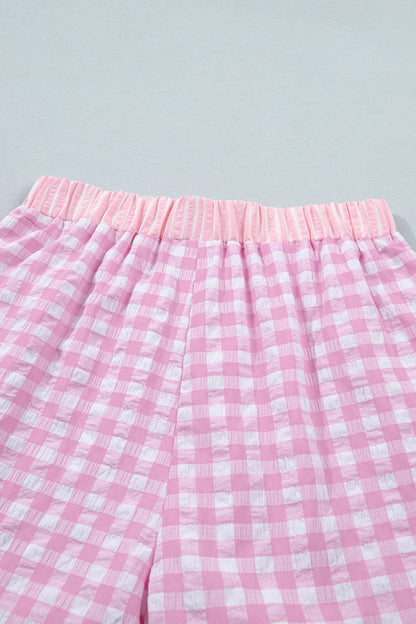 Sky Blue Gingham Print Ruffle Striped Detail Lace Tie Shorts