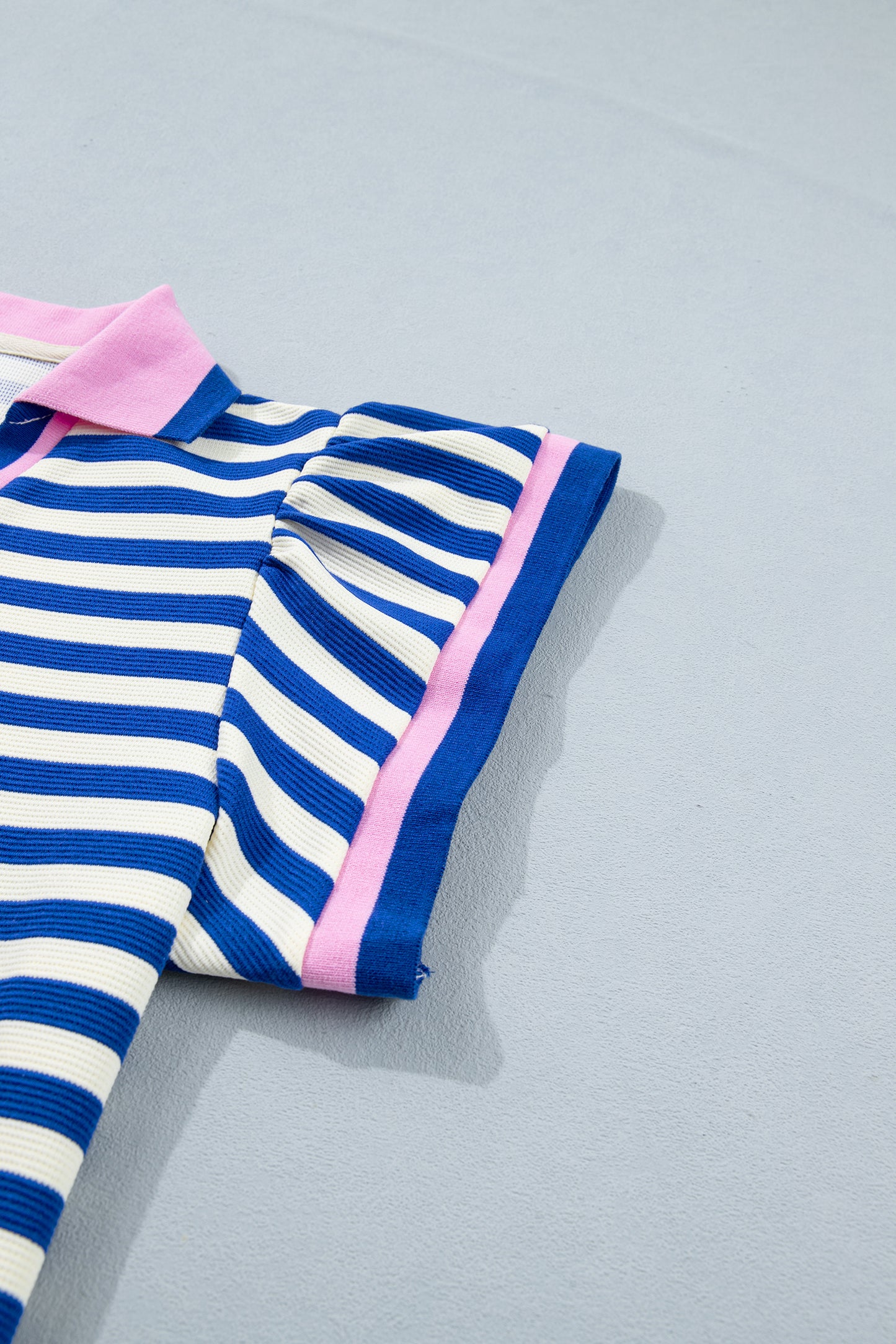 Rose Stripe Contrast Trim Polo Collar Ruffled Short Sleeve Blouse