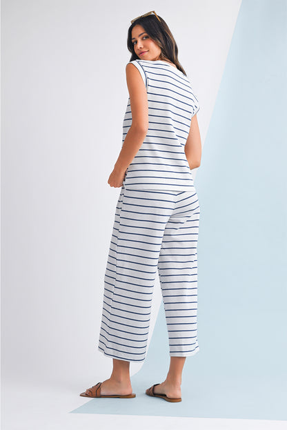 Rose Stripe Casual  Tee and Wide Leg Pants Set