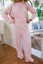 Load image into Gallery viewer, Pink Stripe Drop Shoulder Round Neck Top and Buttoned Straight Pants Two Piece Set
