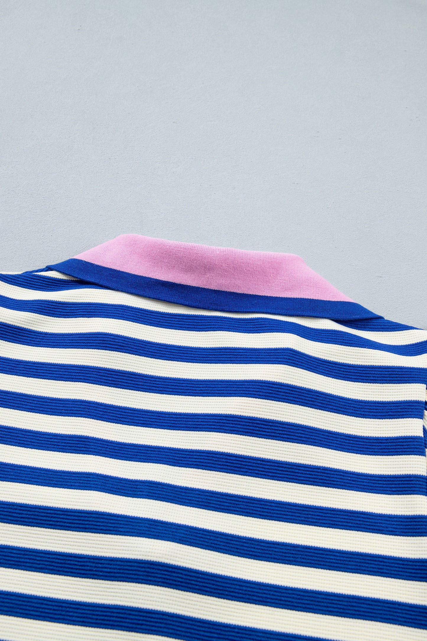 Rose Stripe Contrast Trim Polo Collar Ruffled Short Sleeve Blouse