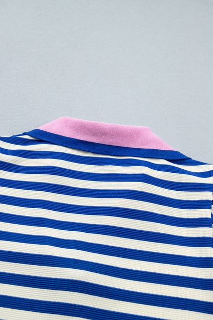 Rose Stripe Contrast Trim Polo Collar Ruffled Short Sleeve Blouse