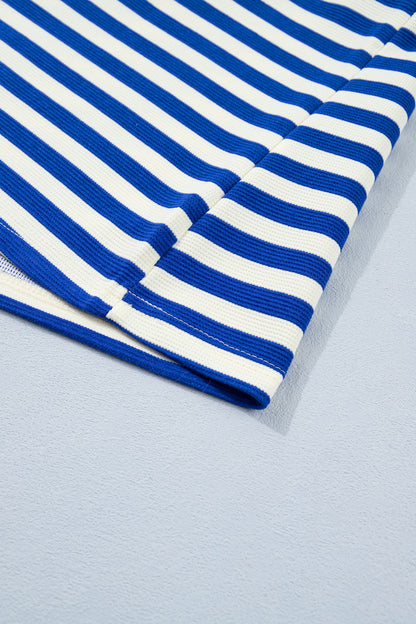 Rose Stripe Contrast Trim Polo Collar Ruffled Short Sleeve Blouse