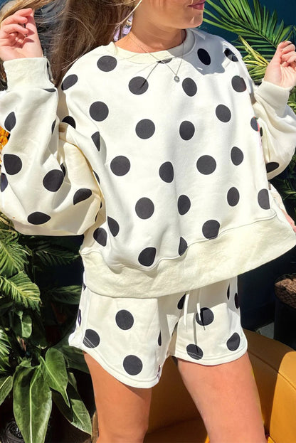 Sky Blue Polka Dot Print Drop Shoulder Pullover Drawstring Shorts Set