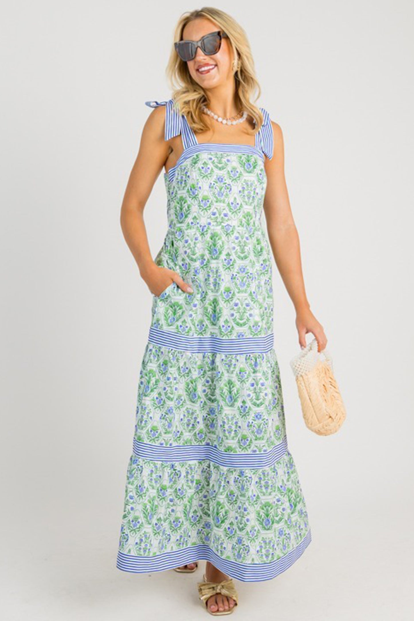 Floral Striped Patchwork Sleeveless Dress