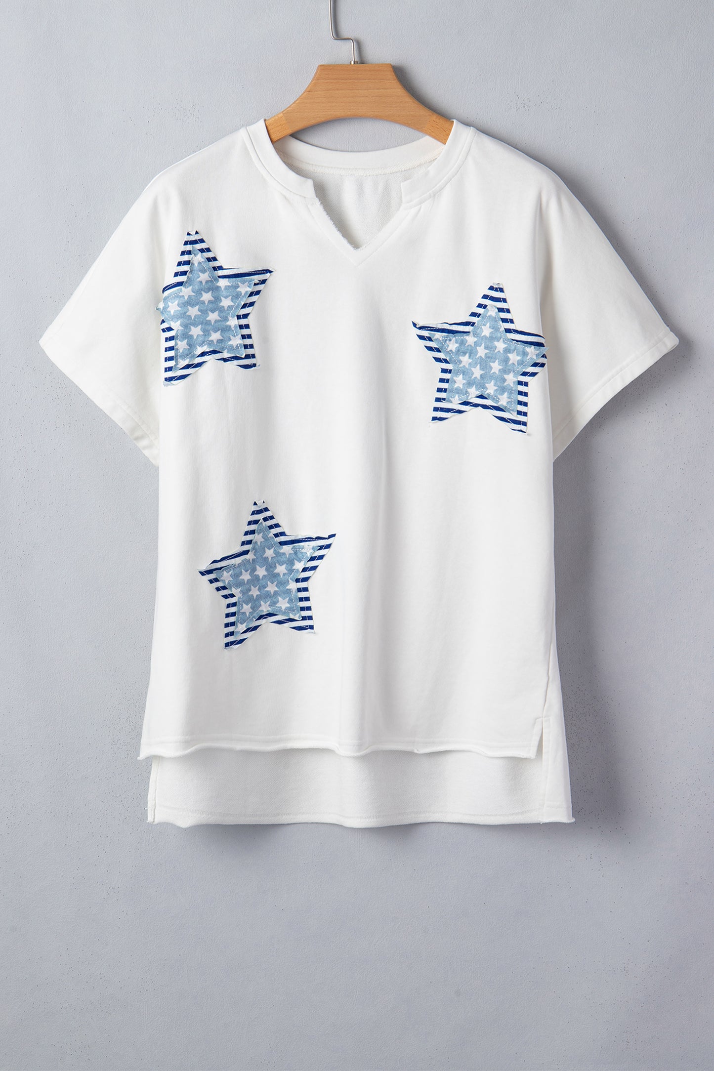 Sky Blue Patriot Star Patched Notched Neck Mineral Washed Tee