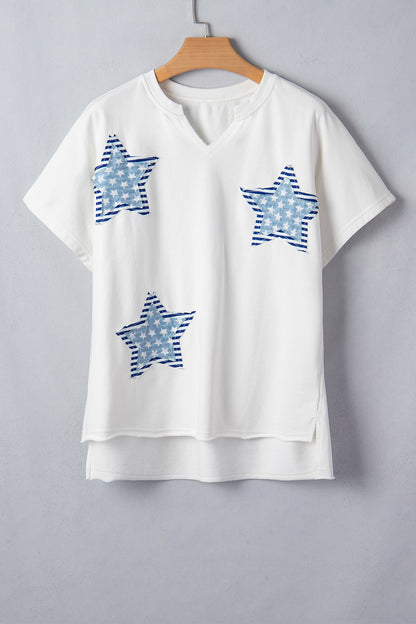 Sky Blue Patriot Star Patched Notched Neck Mineral Washed Tee