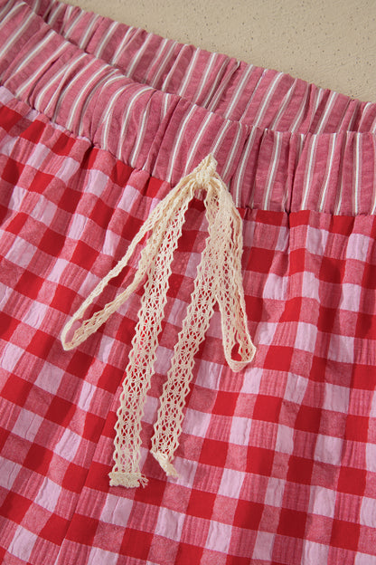 Sky Blue Gingham Print Ruffle Striped Detail Lace Tie Shorts