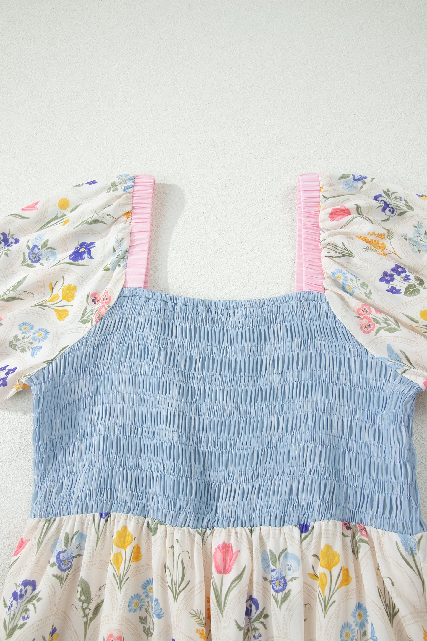 Patchwork Square Neck Shirred Long Dress