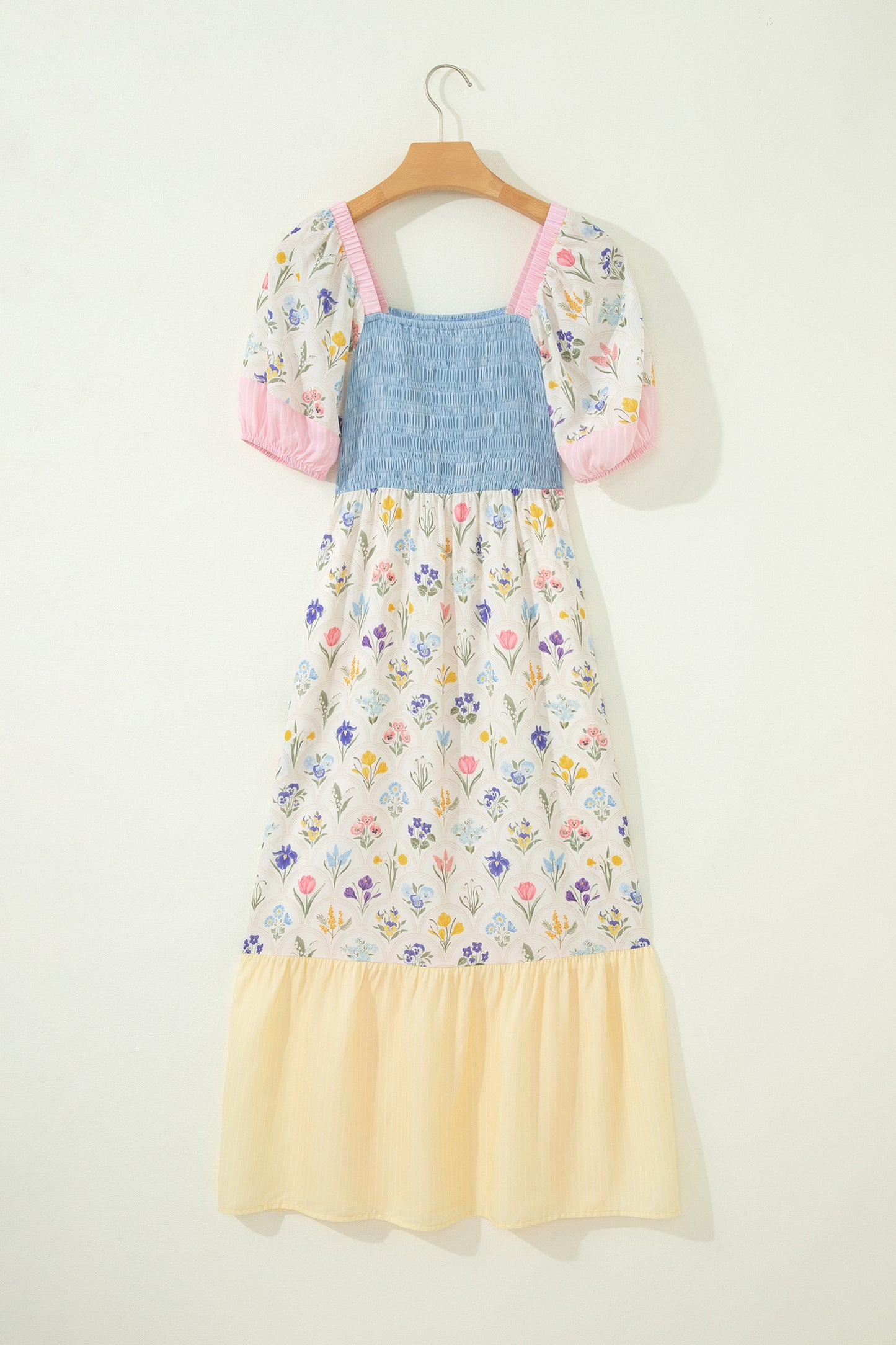 Patchwork Square Neck Shirred Long Dress